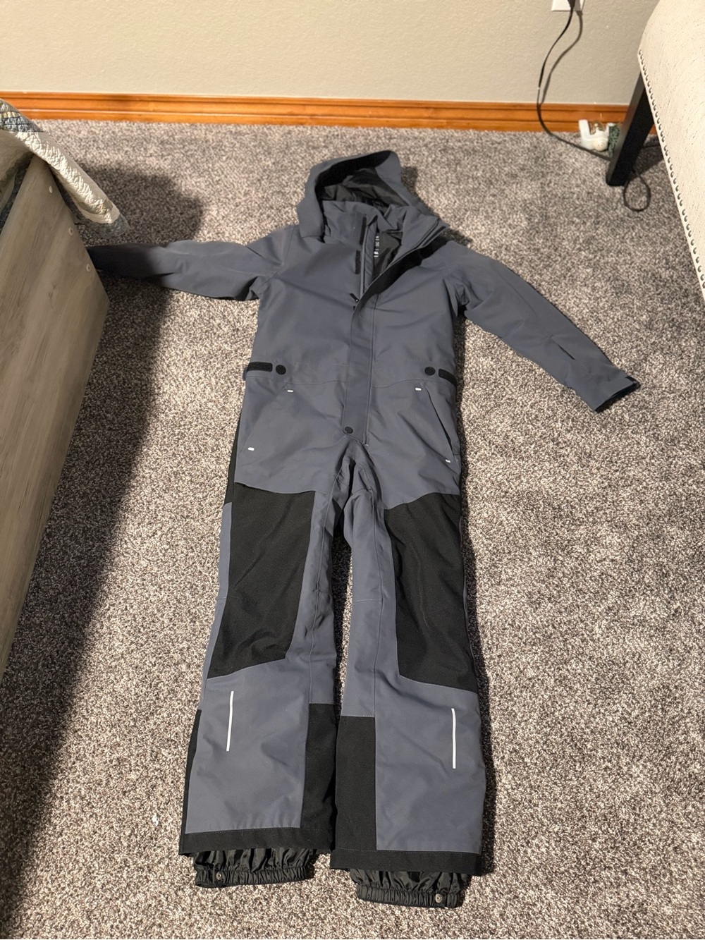Reima (10Y) Kids Gray Hooded One-Piece Snowsuit with Black Reinforcements